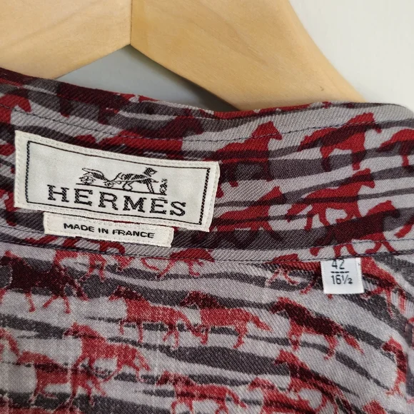 Hermes gray red horse pattern mens fall winter shirts wool silk. - Picture 11 of 14